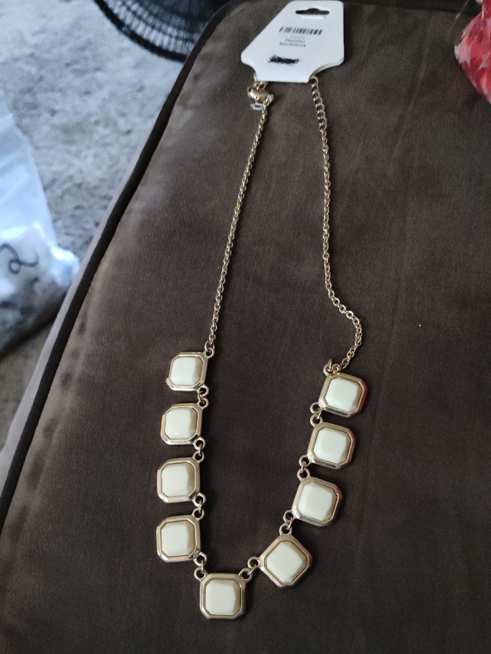 70s Gold-Tone Necklace with Cream Tile Accents - Women Jewelry